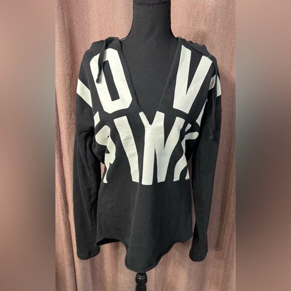Victoria's Secret PINK Black White Deep Cut V Neck Long Hoodie Sweatshirt Sz M - Picture 2 of 5